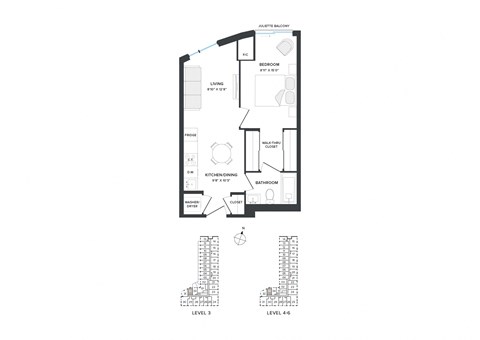 Floor plan for 1 bed, 1 bath, 526 sqft
